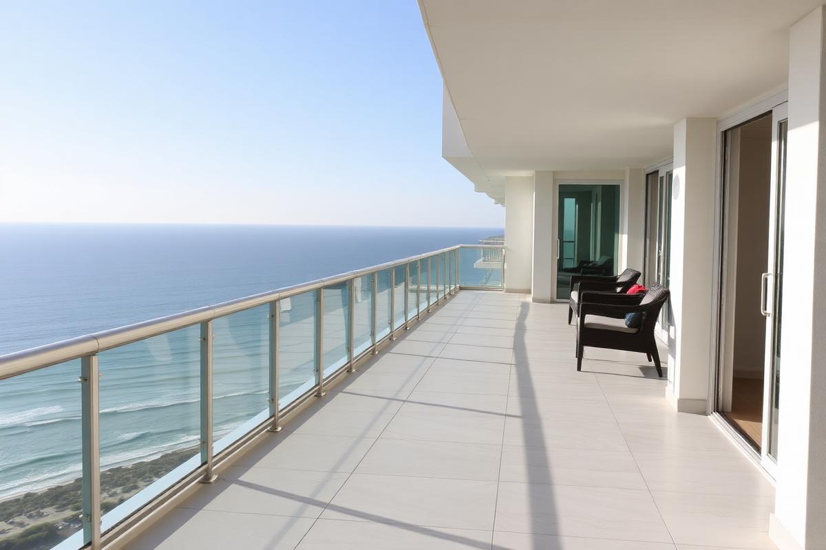 Outdoor balcony with porcelain tiles overlooking the ocean