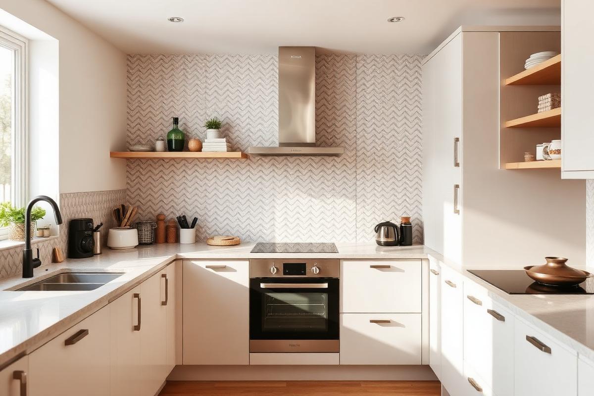 Modern kitchen with herringbone tile splashback
