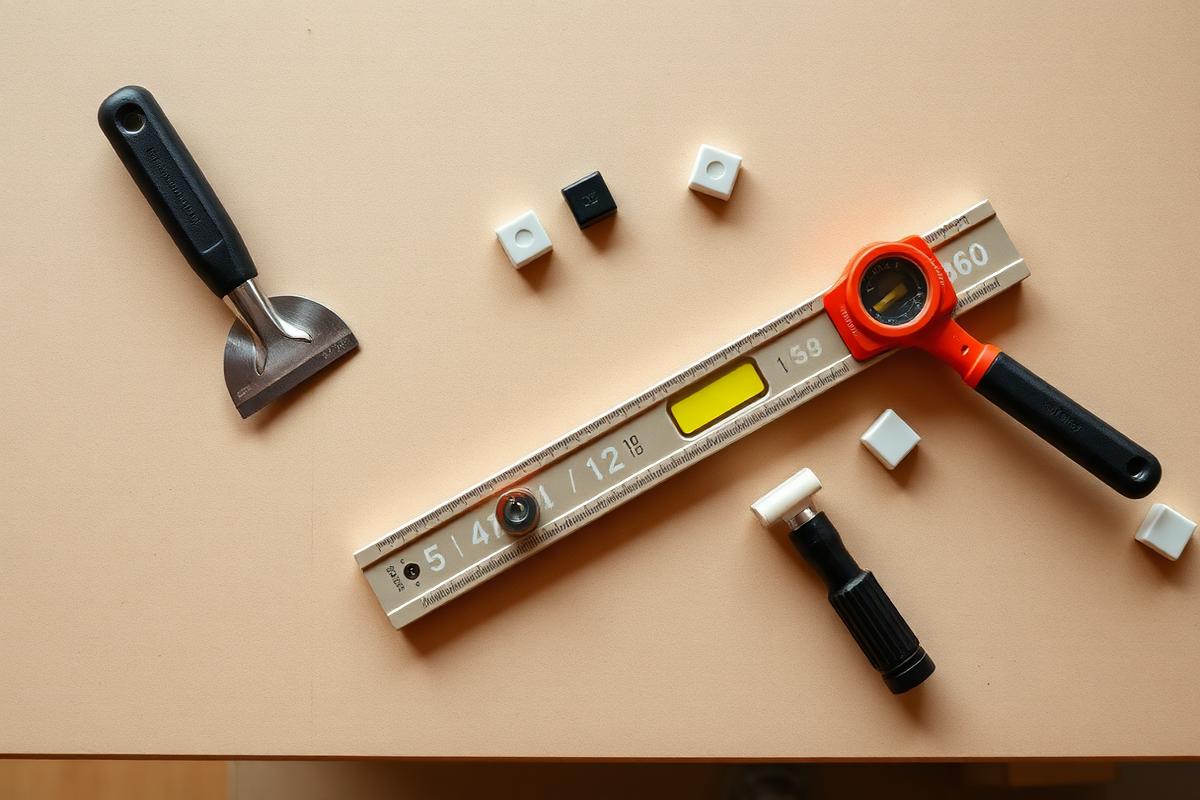 Tiling tools laid out on a workbench